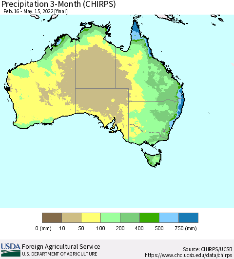 Australia Precipitation 3-Month (CHIRPS) Thematic Map For 2/16/2022 - 5/15/2022