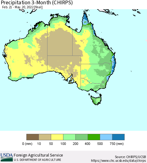 Australia Precipitation 3-Month (CHIRPS) Thematic Map For 2/21/2022 - 5/20/2022