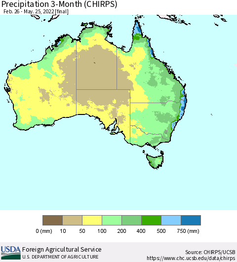 Australia Precipitation 3-Month (CHIRPS) Thematic Map For 2/26/2022 - 5/25/2022