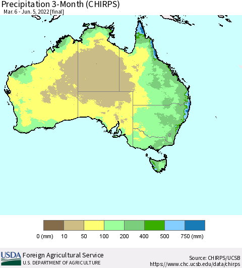 Australia Precipitation 3-Month (CHIRPS) Thematic Map For 3/6/2022 - 6/5/2022