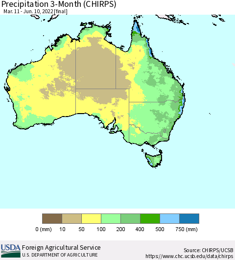 Australia Precipitation 3-Month (CHIRPS) Thematic Map For 3/11/2022 - 6/10/2022