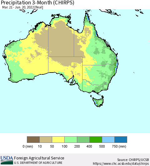 Australia Precipitation 3-Month (CHIRPS) Thematic Map For 3/21/2022 - 6/20/2022