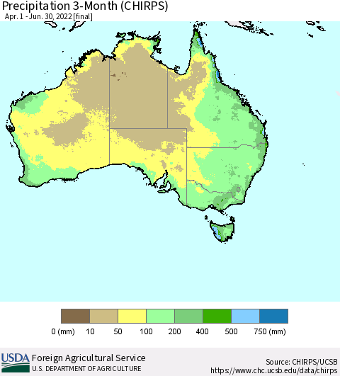 Australia Precipitation 3-Month (CHIRPS) Thematic Map For 4/1/2022 - 6/30/2022