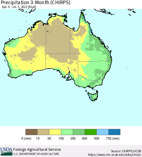 Australia Precipitation 3-Month (CHIRPS) Thematic Map For 4/6/2022 - 7/5/2022