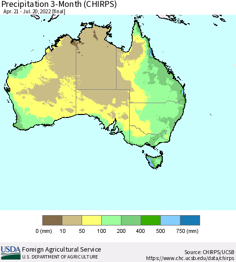 Australia Precipitation 3-Month (CHIRPS) Thematic Map For 4/21/2022 - 7/20/2022