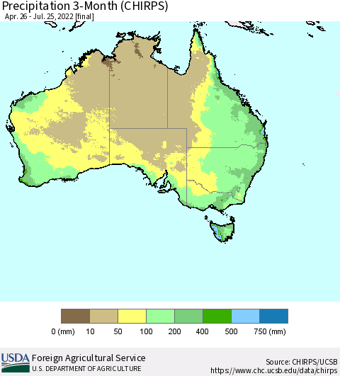 Australia Precipitation 3-Month (CHIRPS) Thematic Map For 4/26/2022 - 7/25/2022