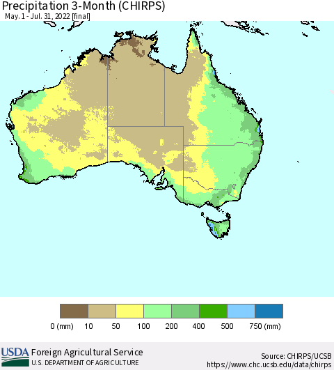 Australia Precipitation 3-Month (CHIRPS) Thematic Map For 5/1/2022 - 7/31/2022