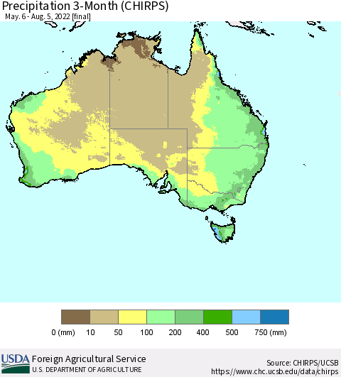 Australia Precipitation 3-Month (CHIRPS) Thematic Map For 5/6/2022 - 8/5/2022