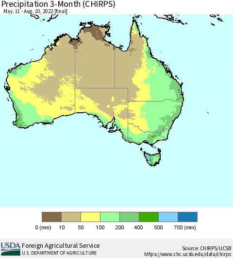 Australia Precipitation 3-Month (CHIRPS) Thematic Map For 5/11/2022 - 8/10/2022