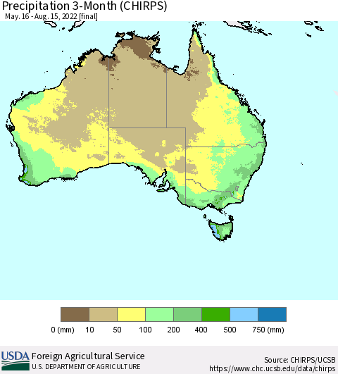 Australia Precipitation 3-Month (CHIRPS) Thematic Map For 5/16/2022 - 8/15/2022