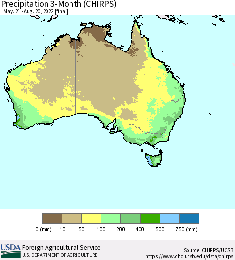 Australia Precipitation 3-Month (CHIRPS) Thematic Map For 5/21/2022 - 8/20/2022