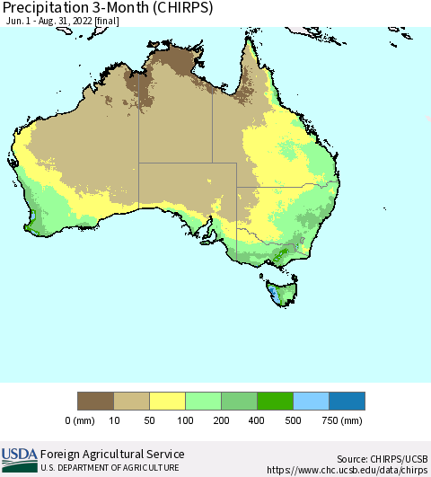 Australia Precipitation 3-Month (CHIRPS) Thematic Map For 6/1/2022 - 8/31/2022