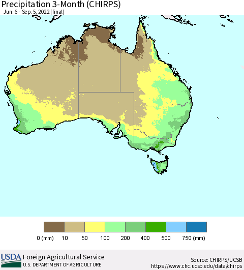 Australia Precipitation 3-Month (CHIRPS) Thematic Map For 6/6/2022 - 9/5/2022
