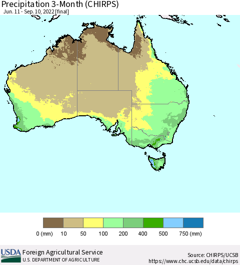 Australia Precipitation 3-Month (CHIRPS) Thematic Map For 6/11/2022 - 9/10/2022