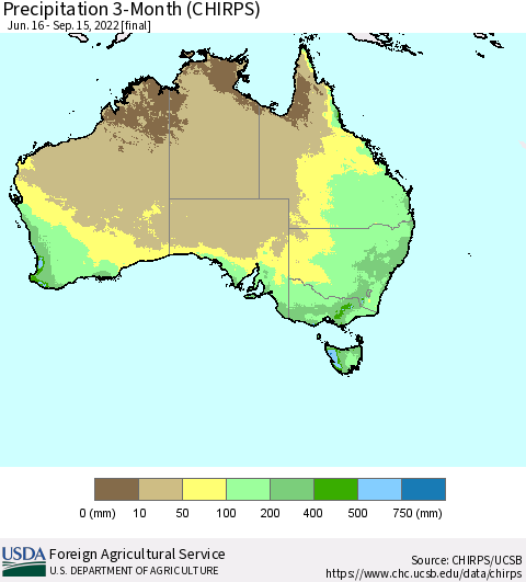 Australia Precipitation 3-Month (CHIRPS) Thematic Map For 6/16/2022 - 9/15/2022