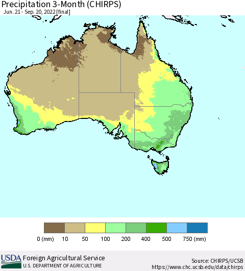 Australia Precipitation 3-Month (CHIRPS) Thematic Map For 6/21/2022 - 9/20/2022