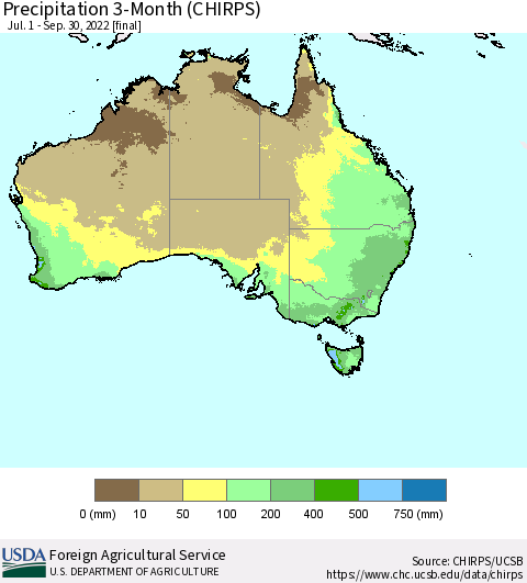 Australia Precipitation 3-Month (CHIRPS) Thematic Map For 7/1/2022 - 9/30/2022