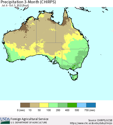 Australia Precipitation 3-Month (CHIRPS) Thematic Map For 7/6/2022 - 10/5/2022