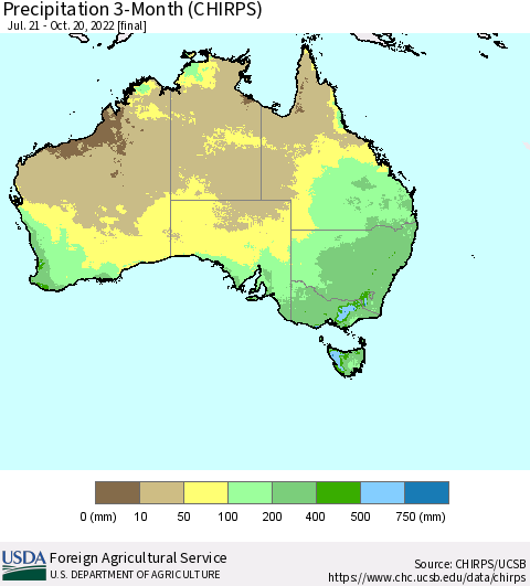 Australia Precipitation 3-Month (CHIRPS) Thematic Map For 7/21/2022 - 10/20/2022