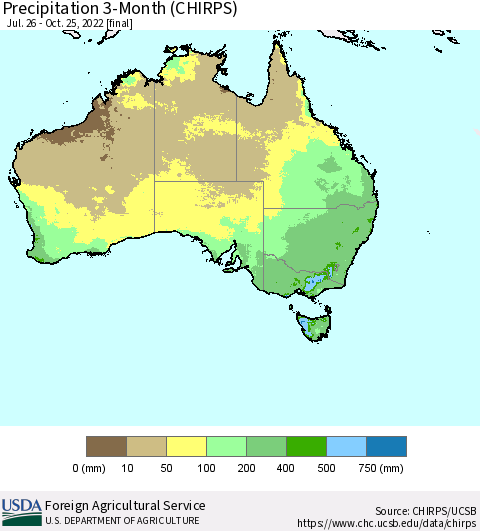 Australia Precipitation 3-Month (CHIRPS) Thematic Map For 7/26/2022 - 10/25/2022