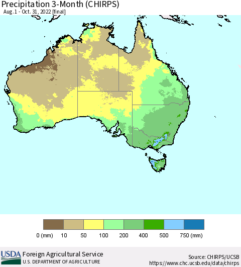 Australia Precipitation 3-Month (CHIRPS) Thematic Map For 8/1/2022 - 10/31/2022