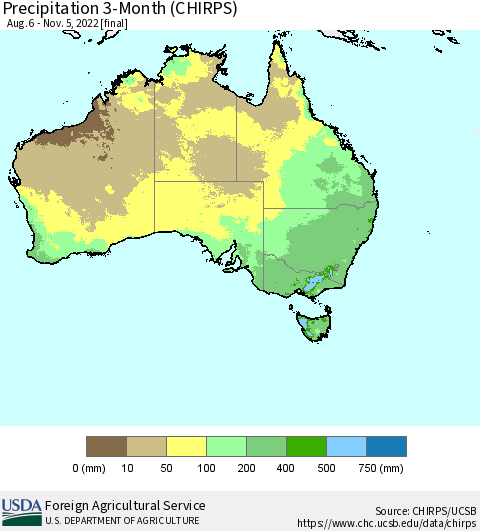 Australia Precipitation 3-Month (CHIRPS) Thematic Map For 8/6/2022 - 11/5/2022