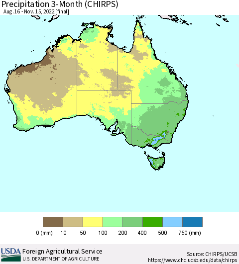 Australia Precipitation 3-Month (CHIRPS) Thematic Map For 8/16/2022 - 11/15/2022