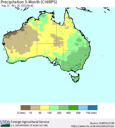 Australia Precipitation 3-Month (CHIRPS) Thematic Map For 8/21/2022 - 11/20/2022