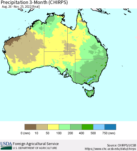 Australia Precipitation 3-Month (CHIRPS) Thematic Map For 8/26/2022 - 11/25/2022