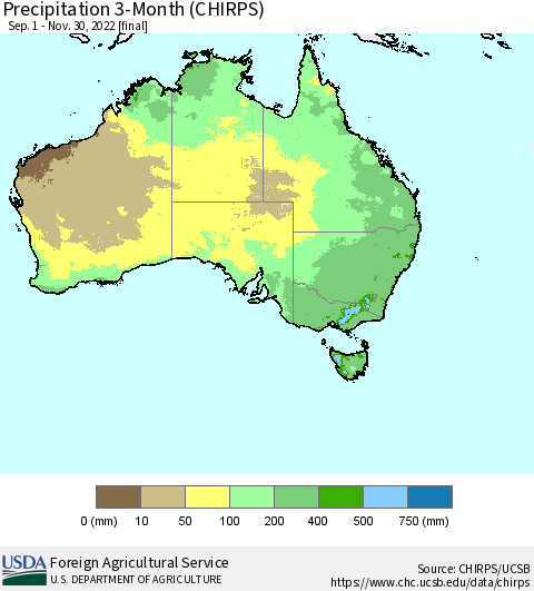Australia Precipitation 3-Month (CHIRPS) Thematic Map For 9/1/2022 - 11/30/2022