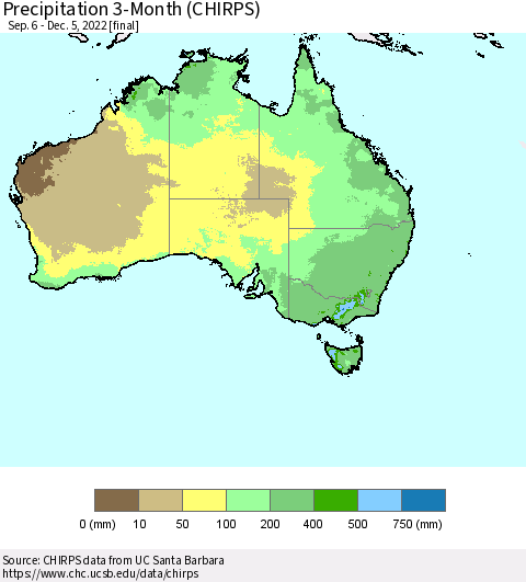 Australia Precipitation 3-Month (CHIRPS) Thematic Map For 9/6/2022 - 12/5/2022