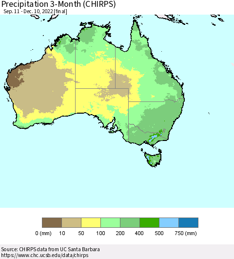 Australia Precipitation 3-Month (CHIRPS) Thematic Map For 9/11/2022 - 12/10/2022