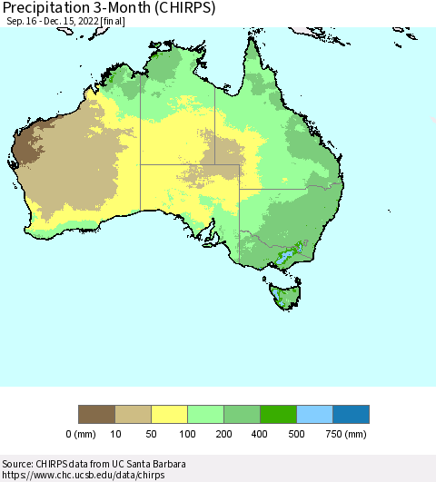 Australia Precipitation 3-Month (CHIRPS) Thematic Map For 9/16/2022 - 12/15/2022