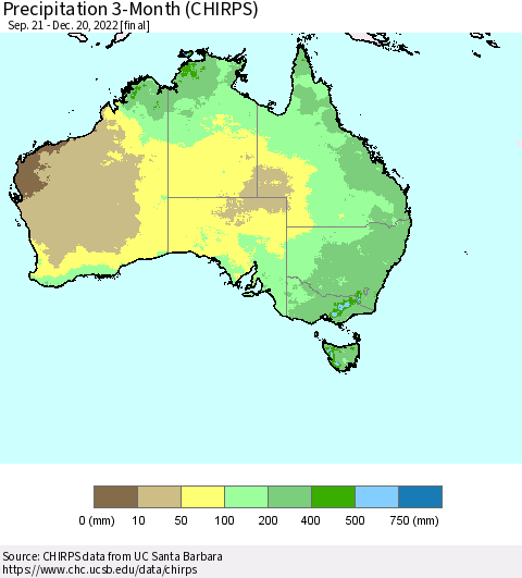 Australia Precipitation 3-Month (CHIRPS) Thematic Map For 9/21/2022 - 12/20/2022