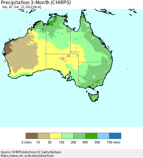 Australia Precipitation 3-Month (CHIRPS) Thematic Map For 9/26/2022 - 12/25/2022