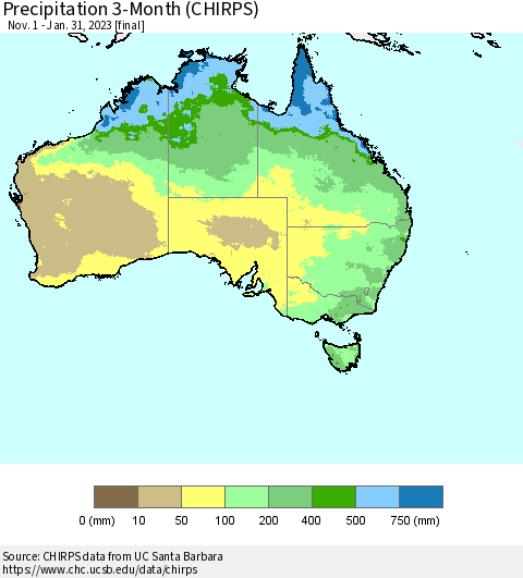 Australia Precipitation 3-Month (CHIRPS) Thematic Map For 11/1/2022 - 1/31/2023