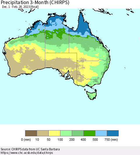 Australia Precipitation 3-Month (CHIRPS) Thematic Map For 12/1/2022 - 2/28/2023