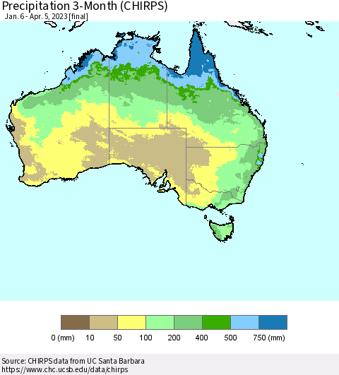 Australia Precipitation 3-Month (CHIRPS) Thematic Map For 1/6/2023 - 4/5/2023