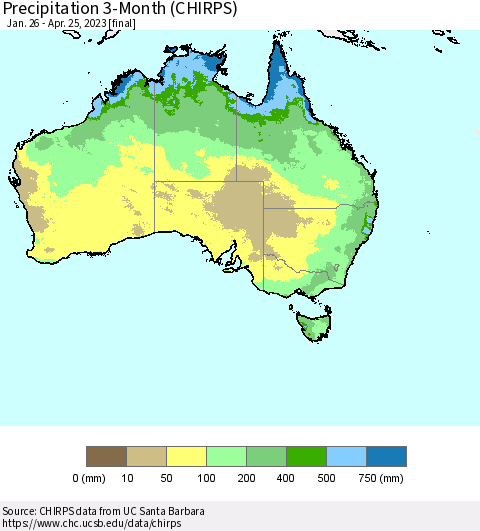Australia Precipitation 3-Month (CHIRPS) Thematic Map For 1/26/2023 - 4/25/2023