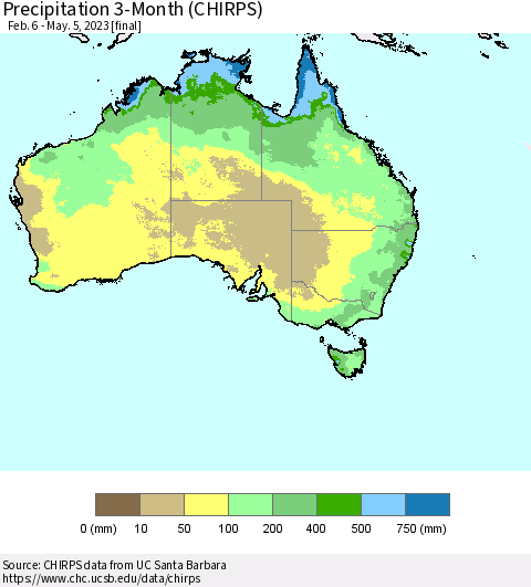Australia Precipitation 3-Month (CHIRPS) Thematic Map For 2/6/2023 - 5/5/2023
