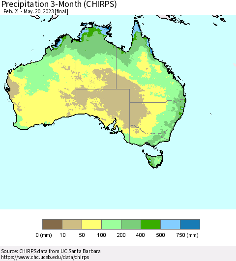 Australia Precipitation 3-Month (CHIRPS) Thematic Map For 2/21/2023 - 5/20/2023