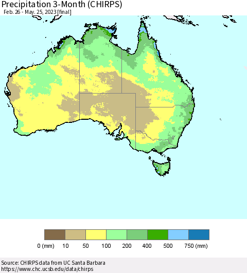 Australia Precipitation 3-Month (CHIRPS) Thematic Map For 2/26/2023 - 5/25/2023