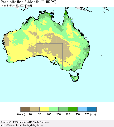 Australia Precipitation 3-Month (CHIRPS) Thematic Map For 3/1/2023 - 5/31/2023