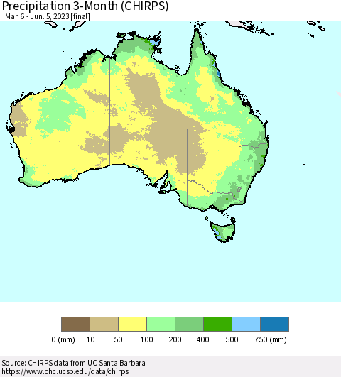 Australia Precipitation 3-Month (CHIRPS) Thematic Map For 3/6/2023 - 6/5/2023