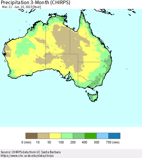 Australia Precipitation 3-Month (CHIRPS) Thematic Map For 3/11/2023 - 6/10/2023