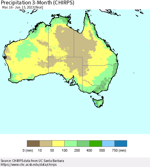 Australia Precipitation 3-Month (CHIRPS) Thematic Map For 3/16/2023 - 6/15/2023
