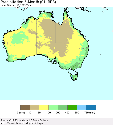 Australia Precipitation 3-Month (CHIRPS) Thematic Map For 3/26/2023 - 6/25/2023