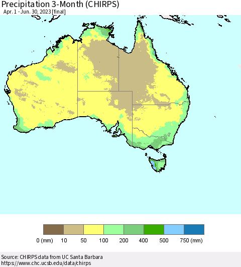 Australia Precipitation 3-Month (CHIRPS) Thematic Map For 4/1/2023 - 6/30/2023