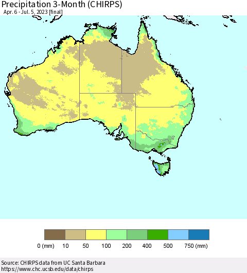 Australia Precipitation 3-Month (CHIRPS) Thematic Map For 4/6/2023 - 7/5/2023
