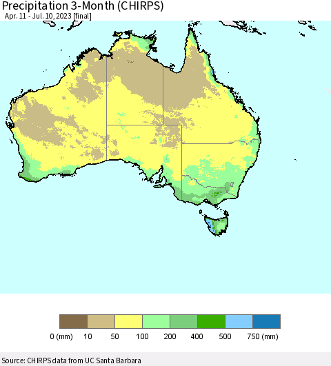 Australia Precipitation 3-Month (CHIRPS) Thematic Map For 4/11/2023 - 7/10/2023